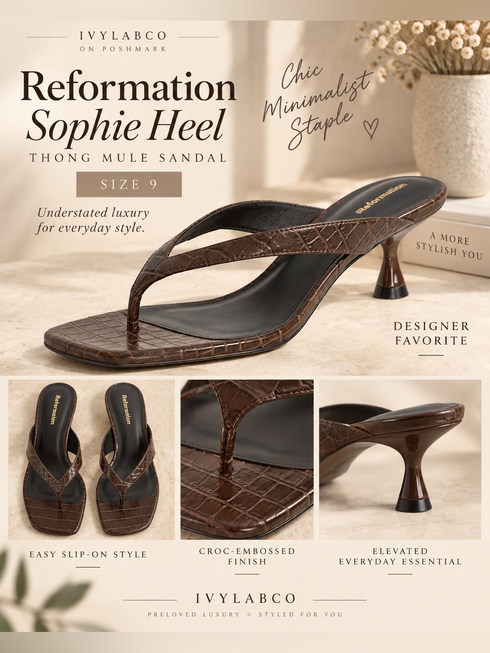 Reformation Sophie Kitten Heel Flip Flop Brown Croc Embossed Size 9 NWOT